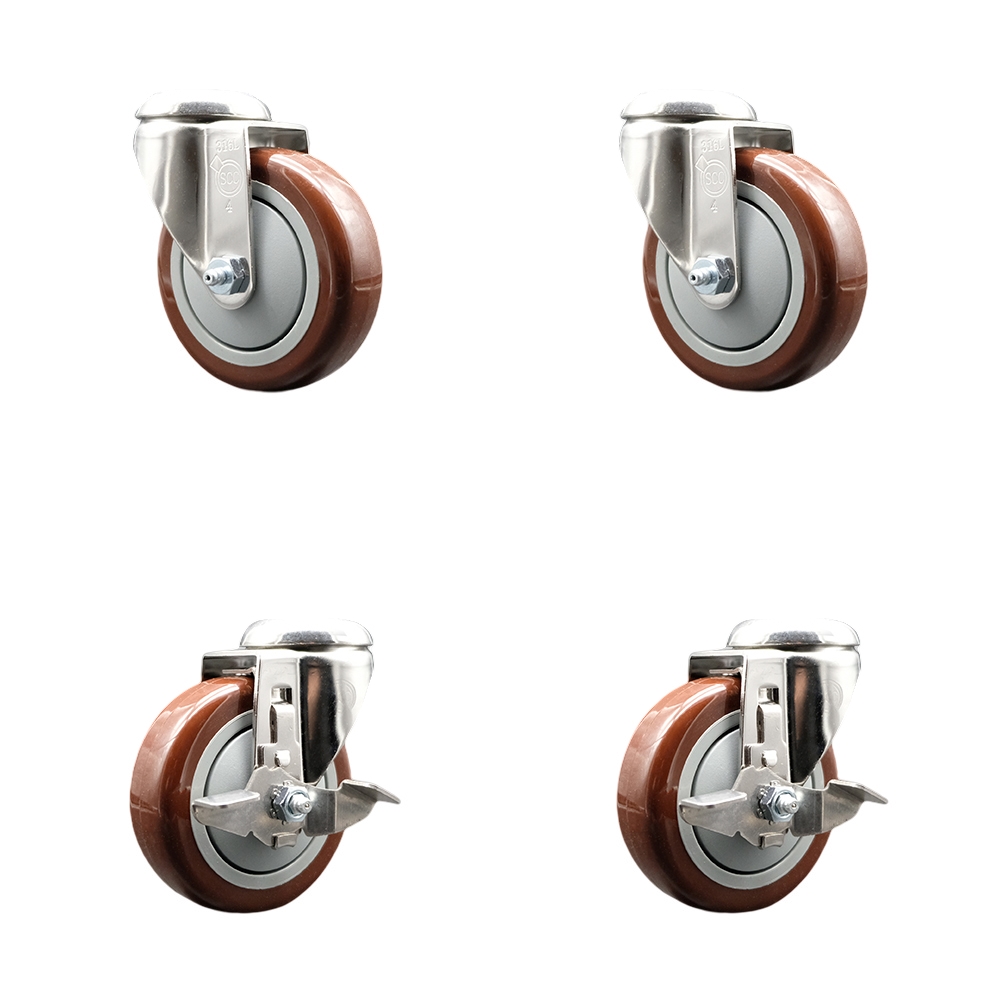 SCC-SS316BH20S414-PPUB-MRN-2-TLB-2 Polyurethane Swivel Bolt Hole Caster with 4 in. Maroon Caster Wheels - 316 Stainless Steel Casters - Set of 4