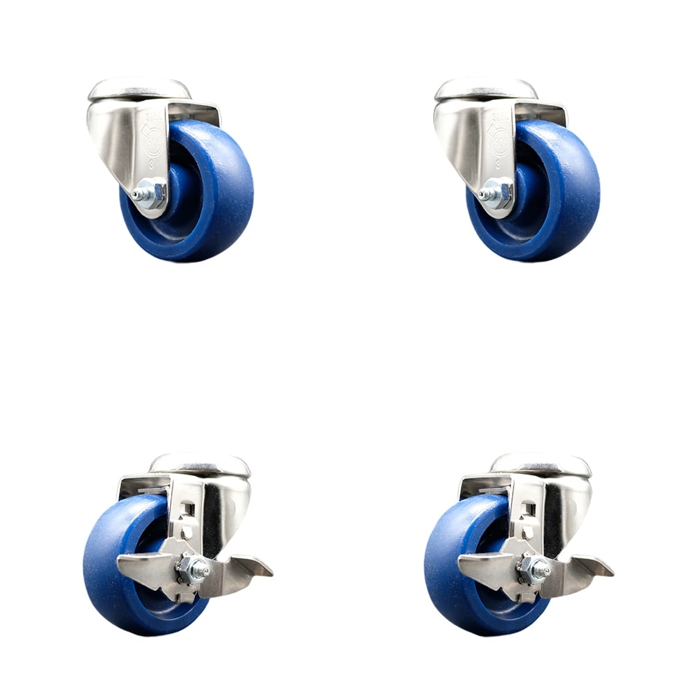 SCC-SS316BH20S314-SPUS-2-TLB-2 Solid Polyurethane Swivel Bolt Hole Caster with 3 in. Blue Caster Wheels - 316 Stainless Steel Casters - Set of 4