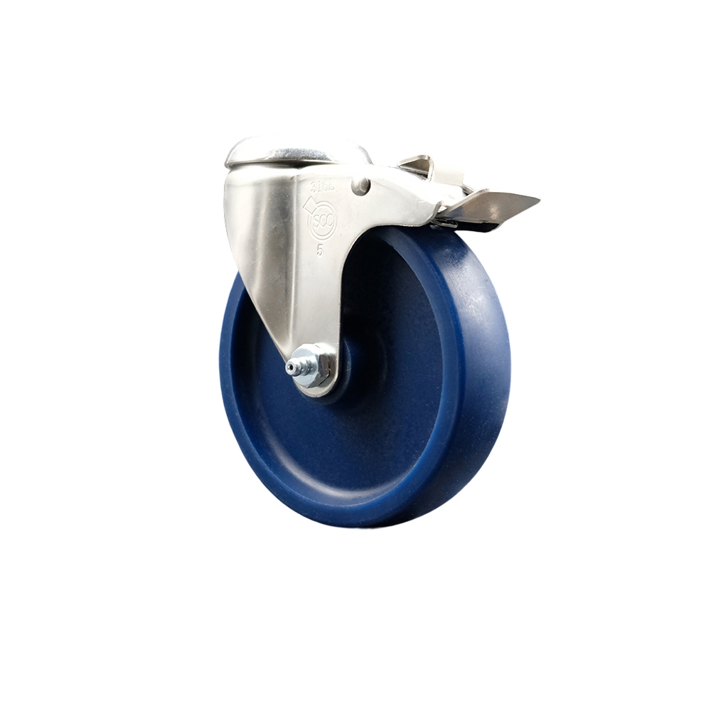 SCC-SS316BHTTL20S514-SPUS Solid Polyurethane Swivel Bolt Hole Caster with 5 in. Blue Caster Wheel & Total Lock Brake - 316 Stainless Steel Caster