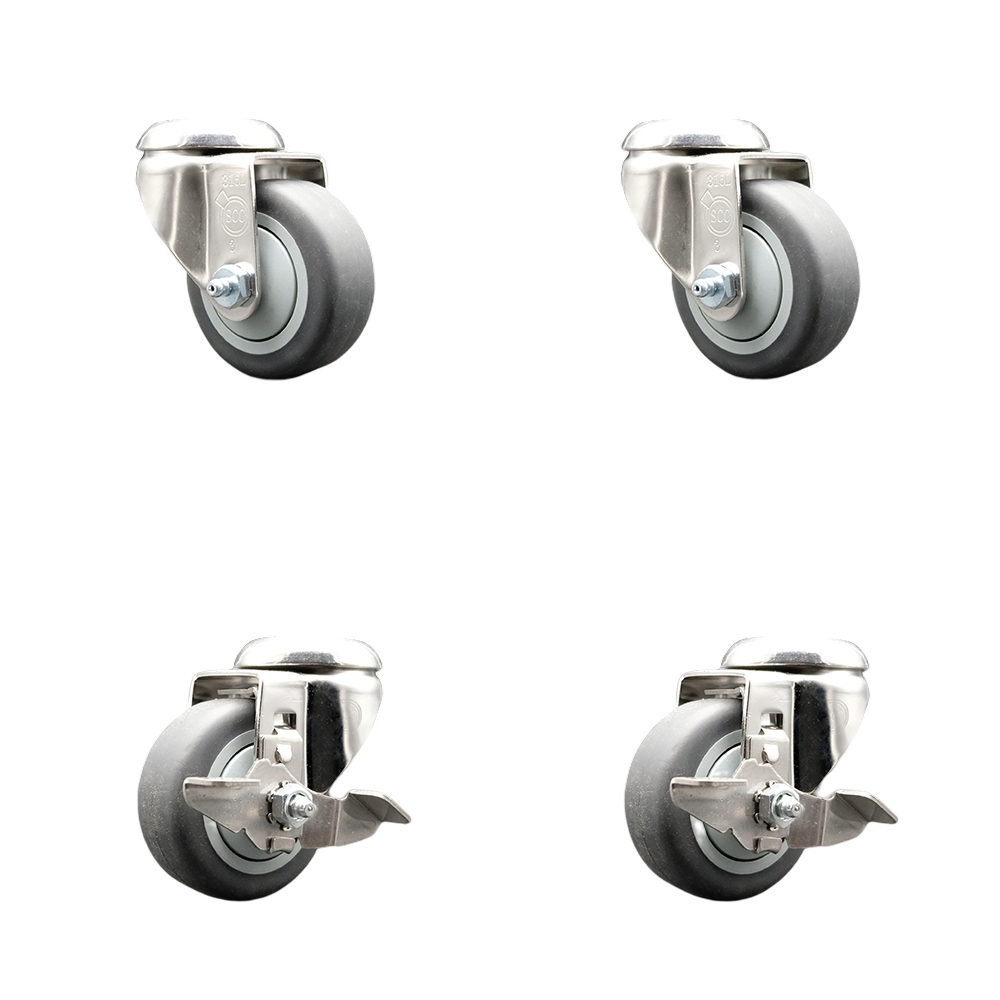 SCC-SS316BH20S314-TPRB-2-TLB-2 Thermoplastic Rubber Swivel Bolt Hole Caster with 3 in. Gray Caster Wheels - 316 Stainless Steel Casters - Set of 4