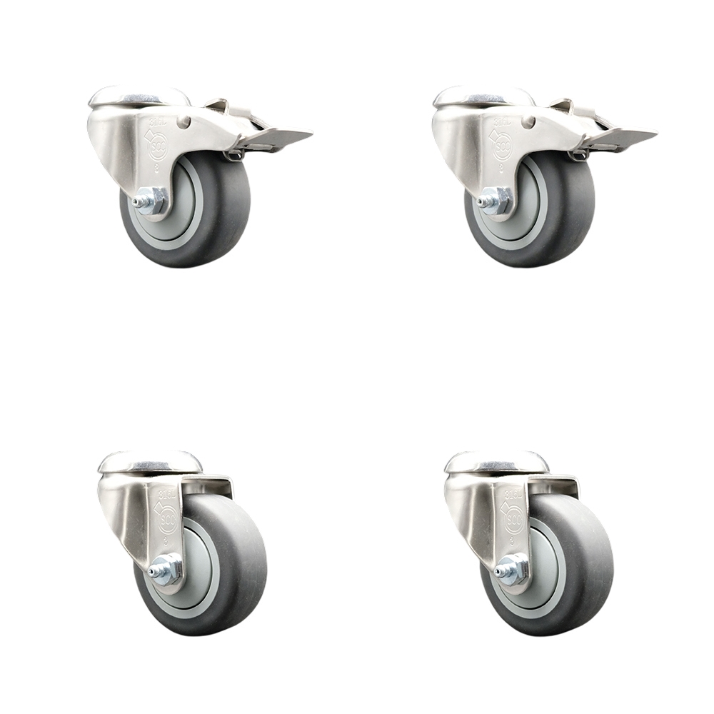 Thermoplastic Rubber Swivel Bolt Hole Caster with 3.5 in. Gray Caster Wheels - 316 Stainless Steel Casters - Set of 4