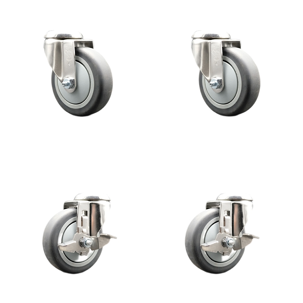 SCC-SS316BH20S414-TPRB-2-TLB-2 Thermoplastic Rubber Swivel Bolt Hole Caster with 4 in. Gray Caster Wheels - 316 Stainless Steel Casters - Set of 4