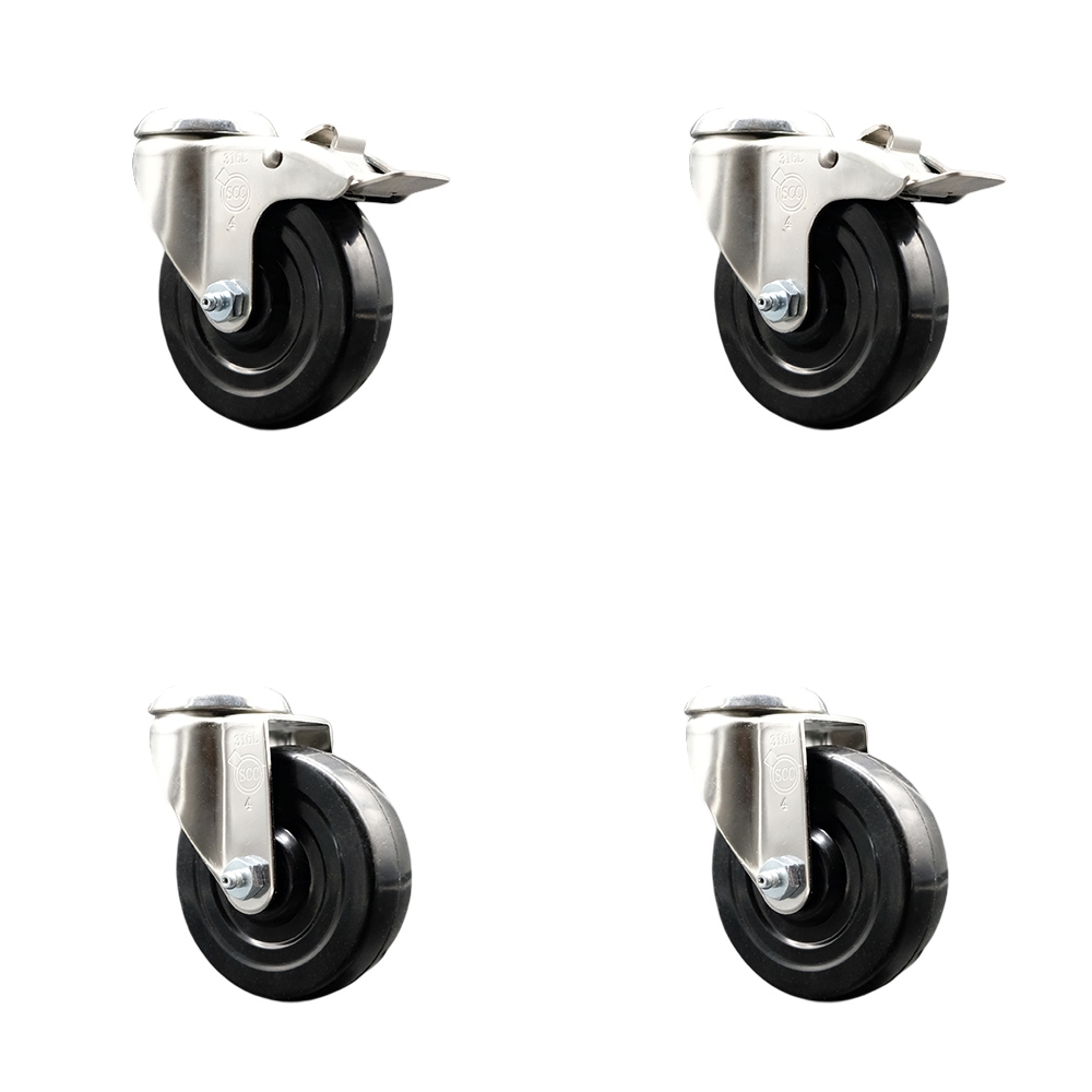 SCC-SS316BHTTL20S414-SRS-2-S-2 Soft Rubber Swivel Bolt Hole Caster with 4 in. Black Caster Wheels - 316 Stainless Steel Casters - Set of 4