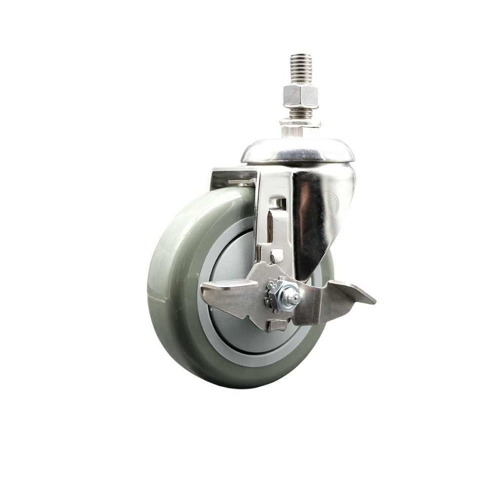 Polyurethane Swivel Stem Caster with 4 in. Gray Caster Wheels & Top Lock Brake, 0.5 in. Threaded Stem - 316 Stainless Steel Caster