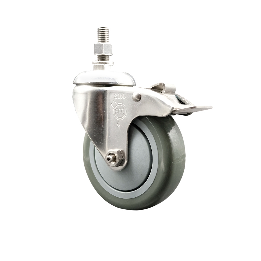 Polyurethane Swivel Stem Caster with 4 in. Gray Caster Wheels & Total Lock Brake, 0.5 in. Threaded Stem - 316 Stainless Steel Caster