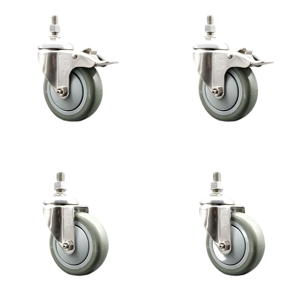 Poly Swivel Stem Caster with 4 in. Gray Caster Wheels, 0.5 in. Threaded Stems - 316 Stainless Steel Casters - Set of 4