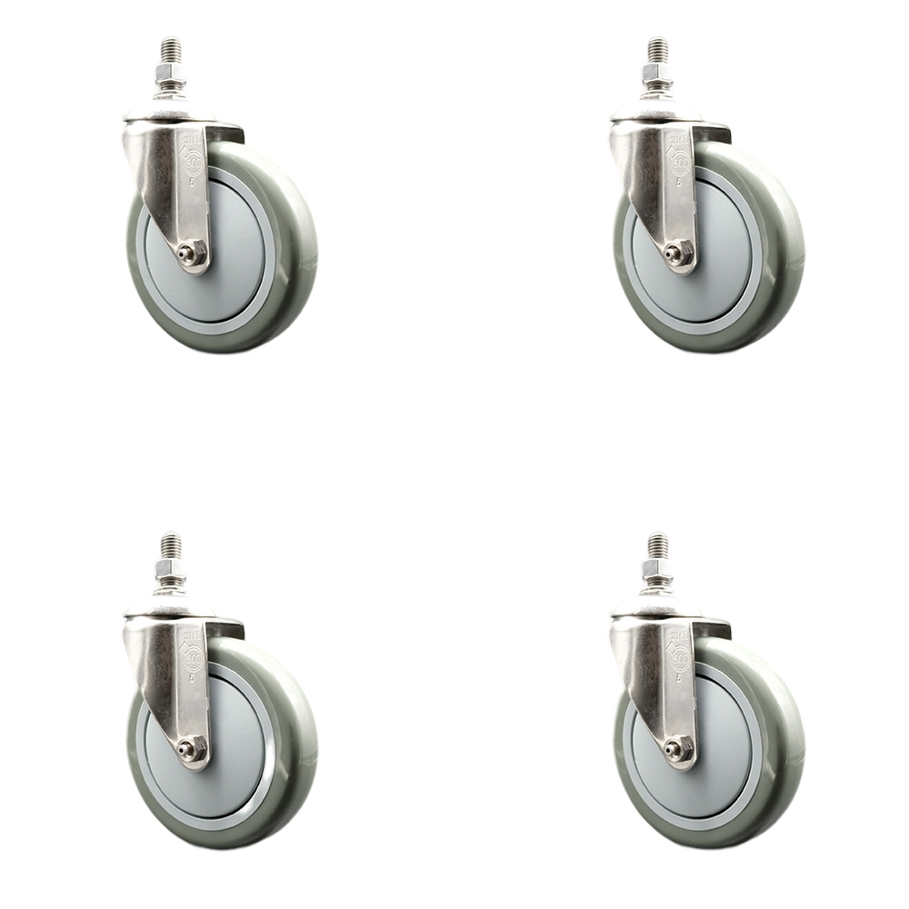Polyurethane Swivel Stem Caster with 5 in. Gray Caster Wheels, 0.5 in. Threaded Stems - 316 Stainless Steel Casters - Set of 4