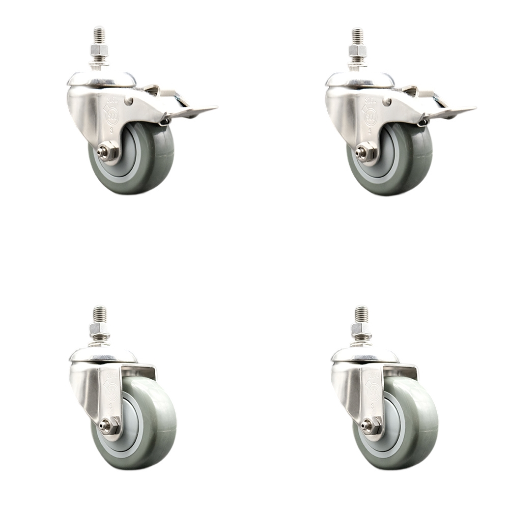 Poly Swivel Stem Caster with 3.5 in. Gray Caster Wheels, 0.38 in. Threaded Stems - 316 Stainless Steel Casters - Set of 4