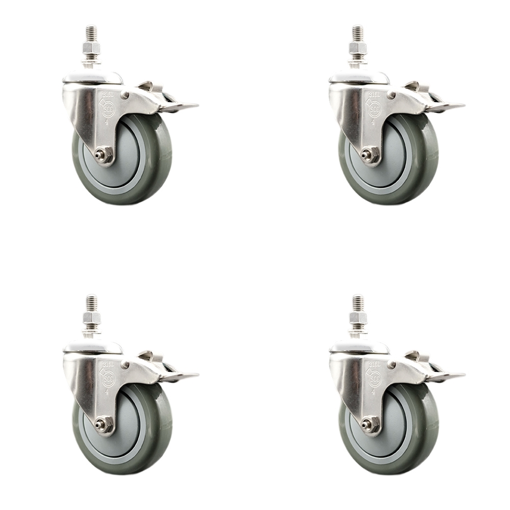 Polyurethane Swivel Stem Caster with 4 in. Gray Caster Wheels, 0.38 in. Threaded Stems - 316 Stainless Steel Casters - Set of 4