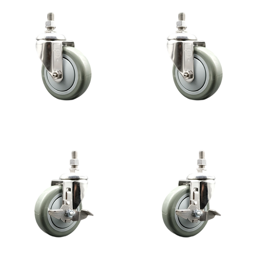 Poly Swivel Stem Caster with 4 in. Gray Caster Wheels, 0.38 in. Threaded Stems - 316 Stainless Steel Casters - Set of 4