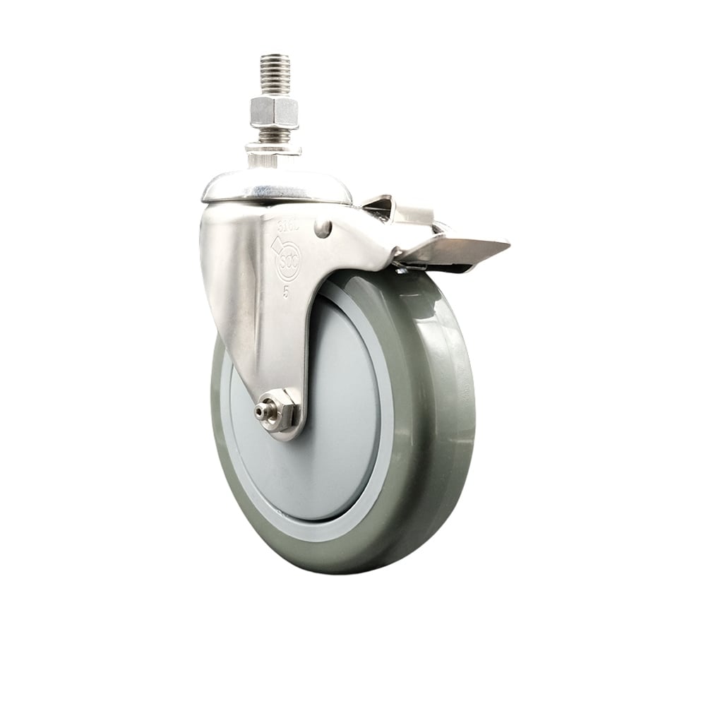Polyurethane Swivel Stem Caster with 5 in. Gray Caster Wheels & Total Lock Brake, 0.38 in. Threaded Stem - 316 Stainless Steel Caster