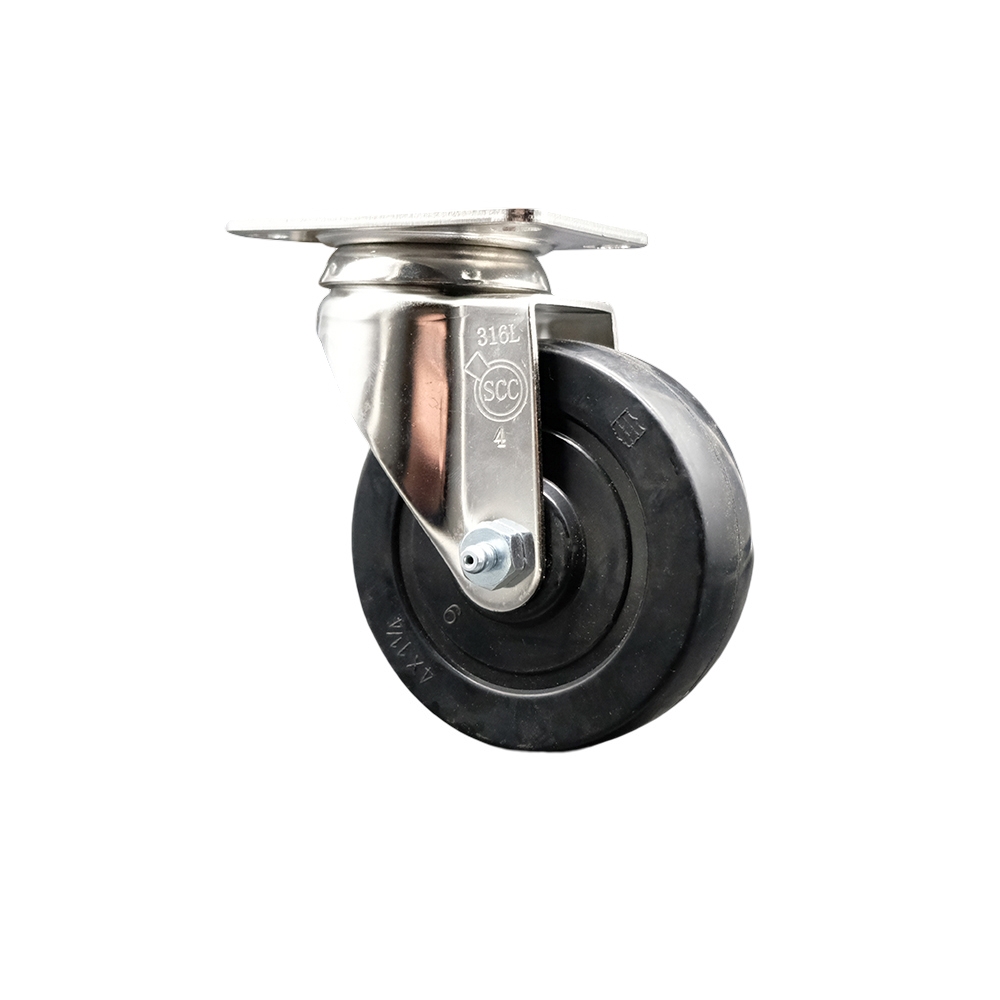 SCC-SS31620S414-SRS Soft Rubber Swivel Top Plate Caster with 4 in. Black Caster Wheel - 316 Stainless Steel Caster