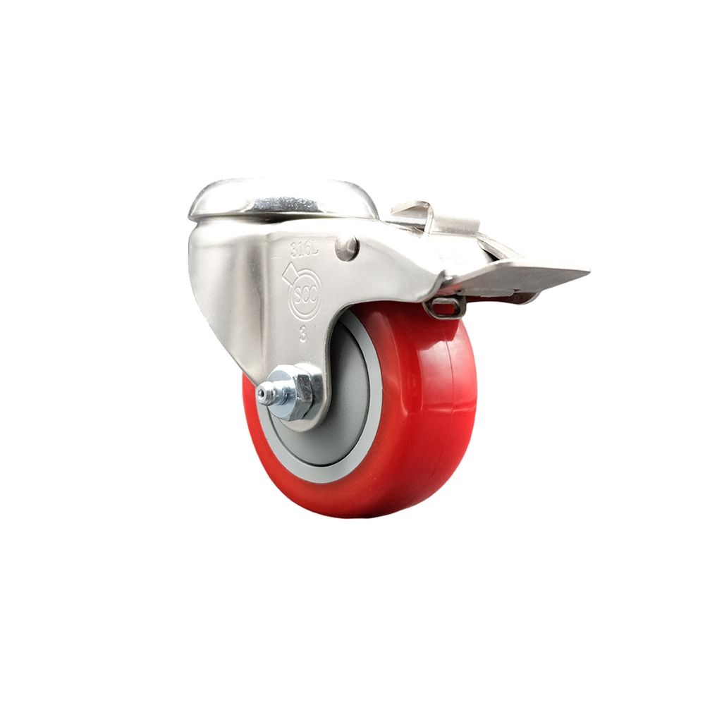 SCC-SS316BHTTL20S314-PPUB-RED Polyurethane Swivel Bolt Hole Caster with 3 in. Red Caster Wheel & Total Lock Brake - 316 Stainless Steel Caster