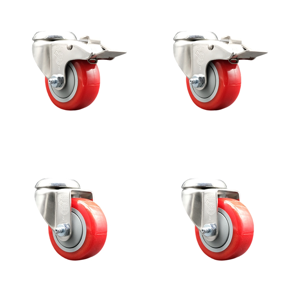 SCC-SS316BHTTL20S314-PPUB-RED-2-S-2 Polyurethane Swivel Bolt Hole Caster with 3 in. Red Caster Wheels - 316 Stainless Steel Casters - Set of 4