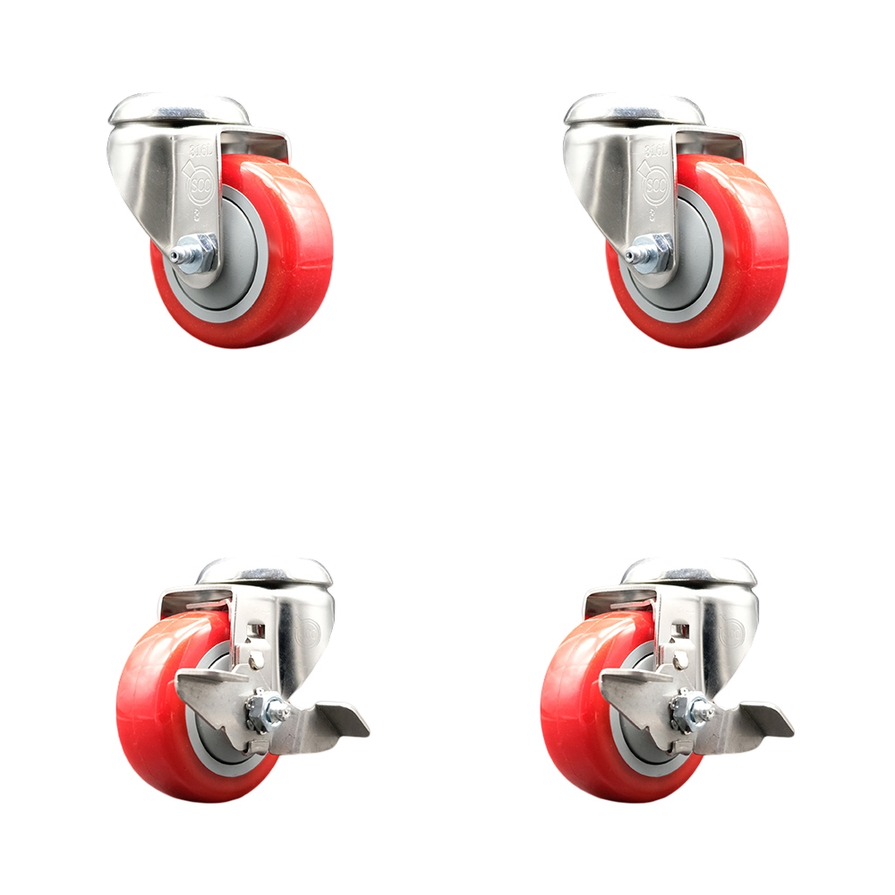 SCC-SS316BH20S3514-PPUB-RED-2-TLB-2 Polyurethane Swivel Bolt Hole Caster with 3.5 in. Red Caster Wheels - 316 Stainless Steel Casters - Set of 4