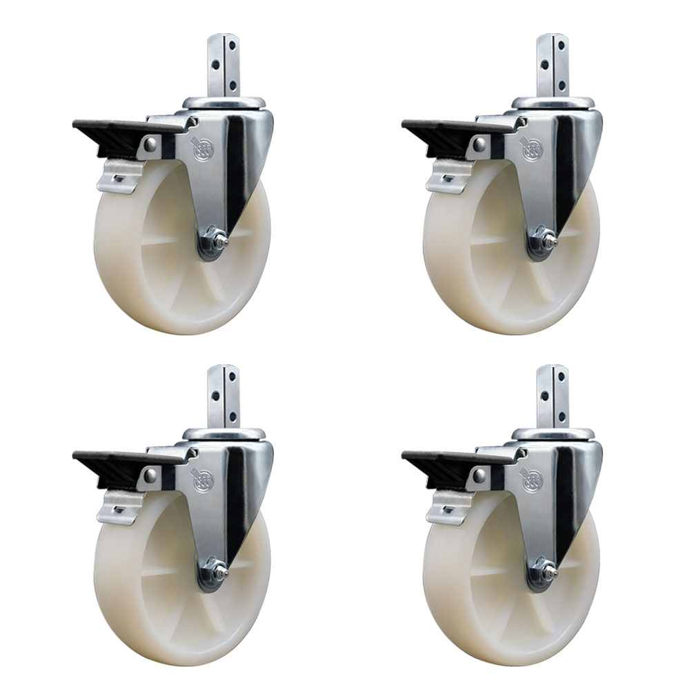 Swivel Square Stem Caster with 5 x 1.25 in. White Nylon Wheel, 0.87 x 2 in. Square Stem with 3 0.26 in. Diameter Mounting Holes - Set of 4