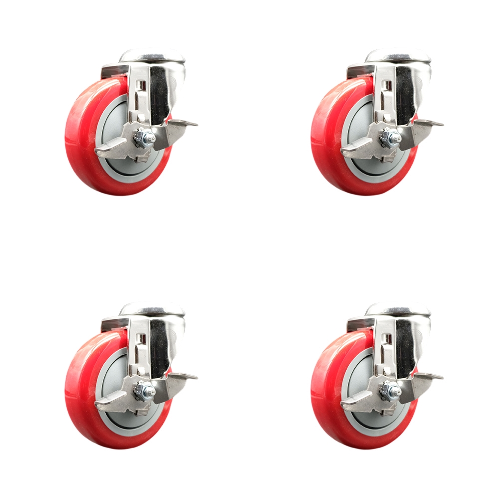 SCC-SS316BH20S414-PPUB-RED-TLB-4 Polyurethane Swivel Bolt Hole Caster with 4 in. Red Caster Wheels - 316 Stainless Steel Casters - Set of 4