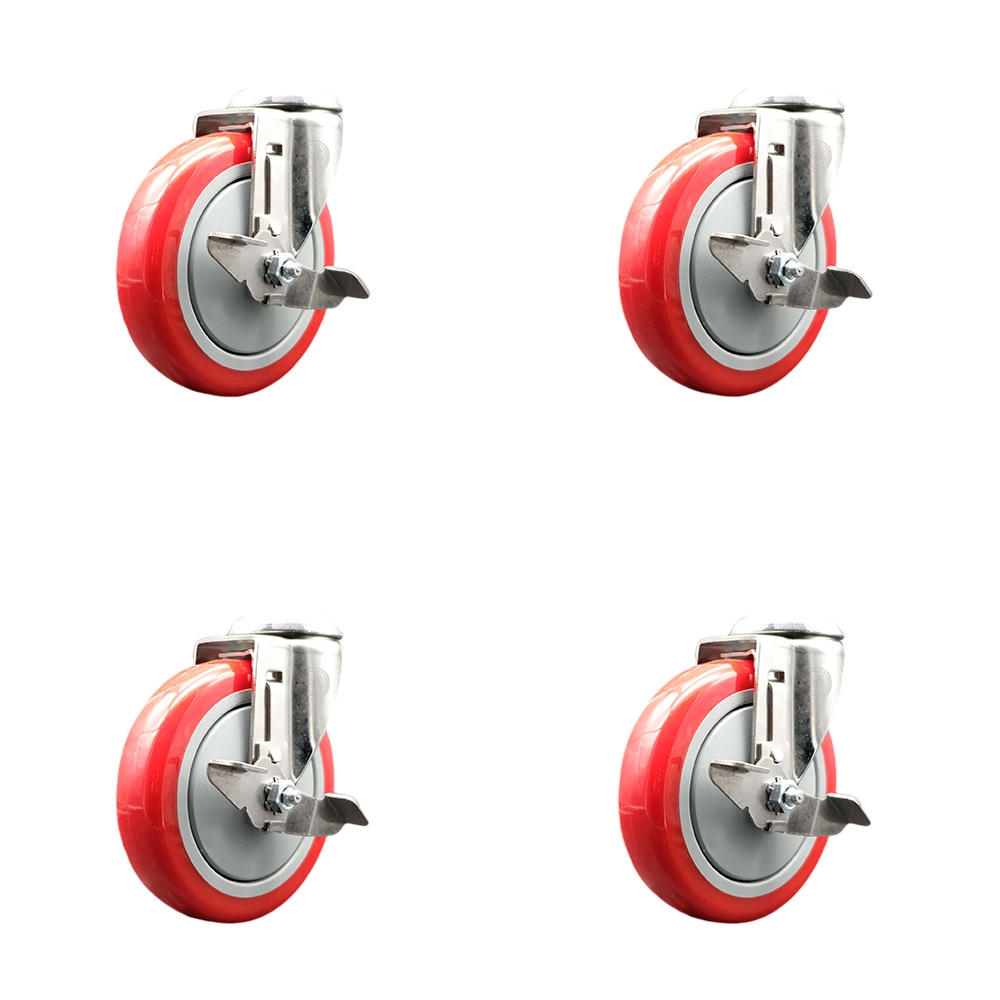 SCC-SS316BH20S514-PPUB-RED-TLB-4 Polyurethane Swivel Bolt Hole Caster with 5 in. Red Caster Wheels - 316 Stainless Steel Casters - Set of 4