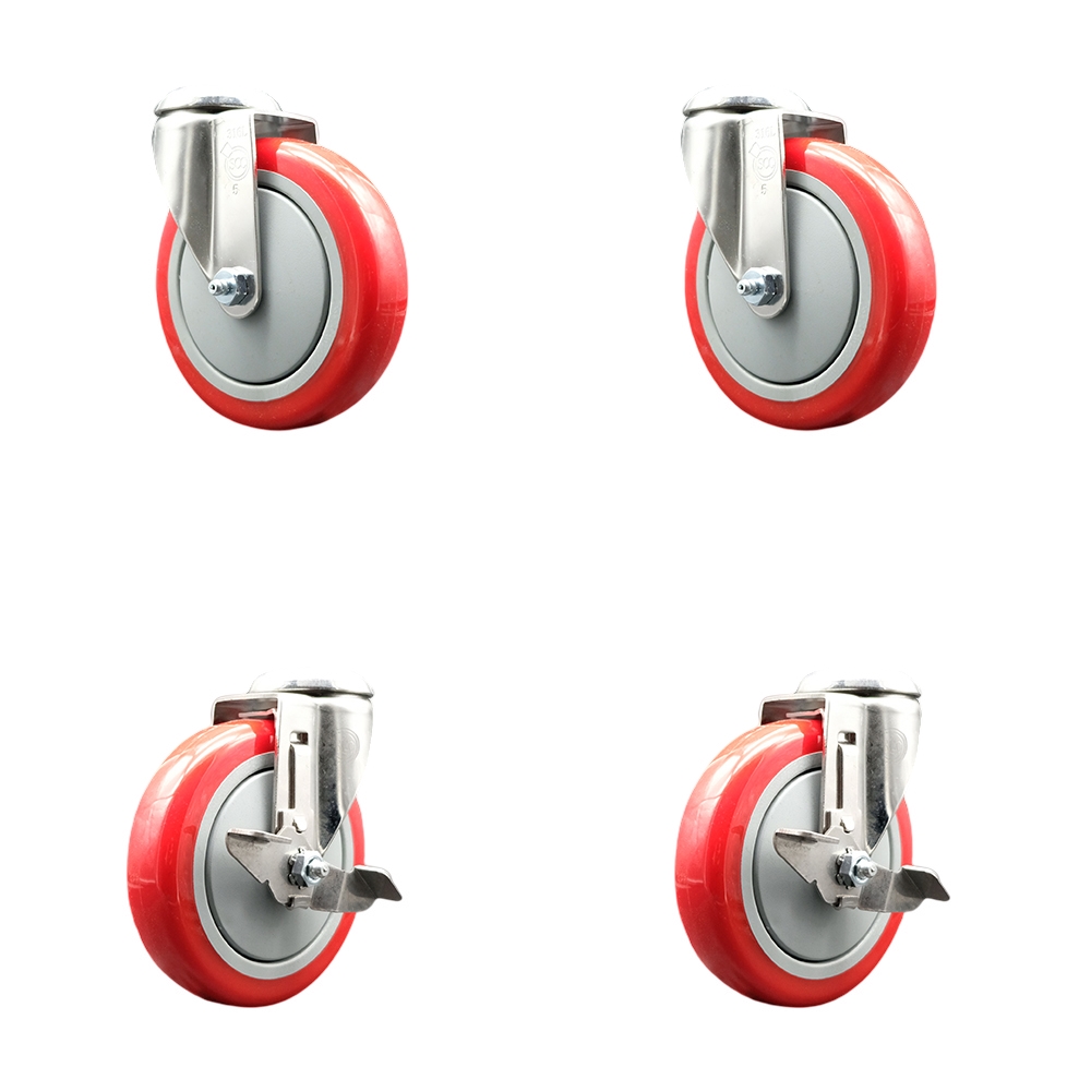 SCC-SS316BH20S514-PPUB-RED-2-TLB-2 Polyurethane Swivel Bolt Hole Caster with 5 in. Red Caster Wheels - 316 Stainless Steel Casters - Set of 4