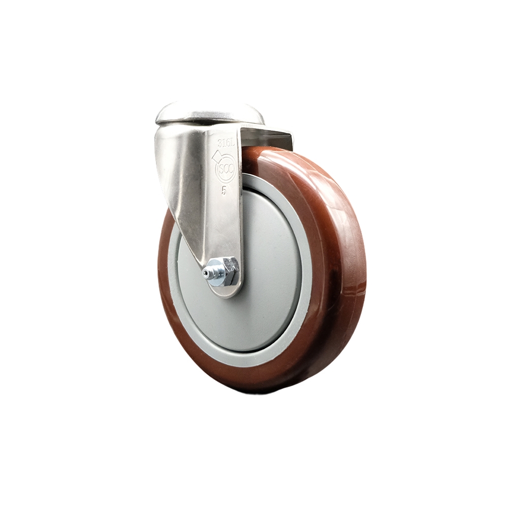 SCC-SS316BH20S514-PPUB-MRN Polyurethane Swivel Bolt Hole Caster with 5 in. Maroon Caster Wheel - 316 Stainless Steel Caster