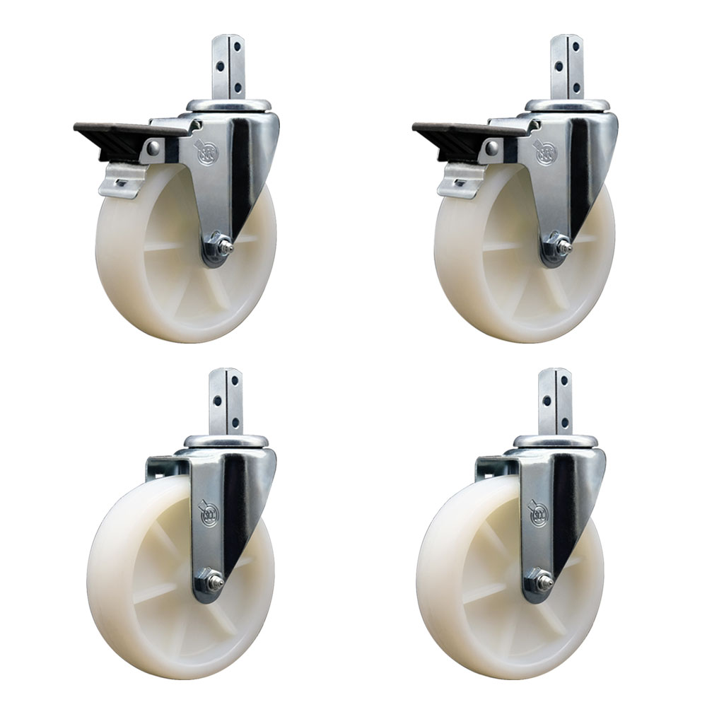 Swivel Square Stem Caster with 5 x 1.25 in. White Nylon Wheel, 0.87 x 2 in. Square Stem with 3 0.26 in. Diameter Mounting Holes - Set of 4
