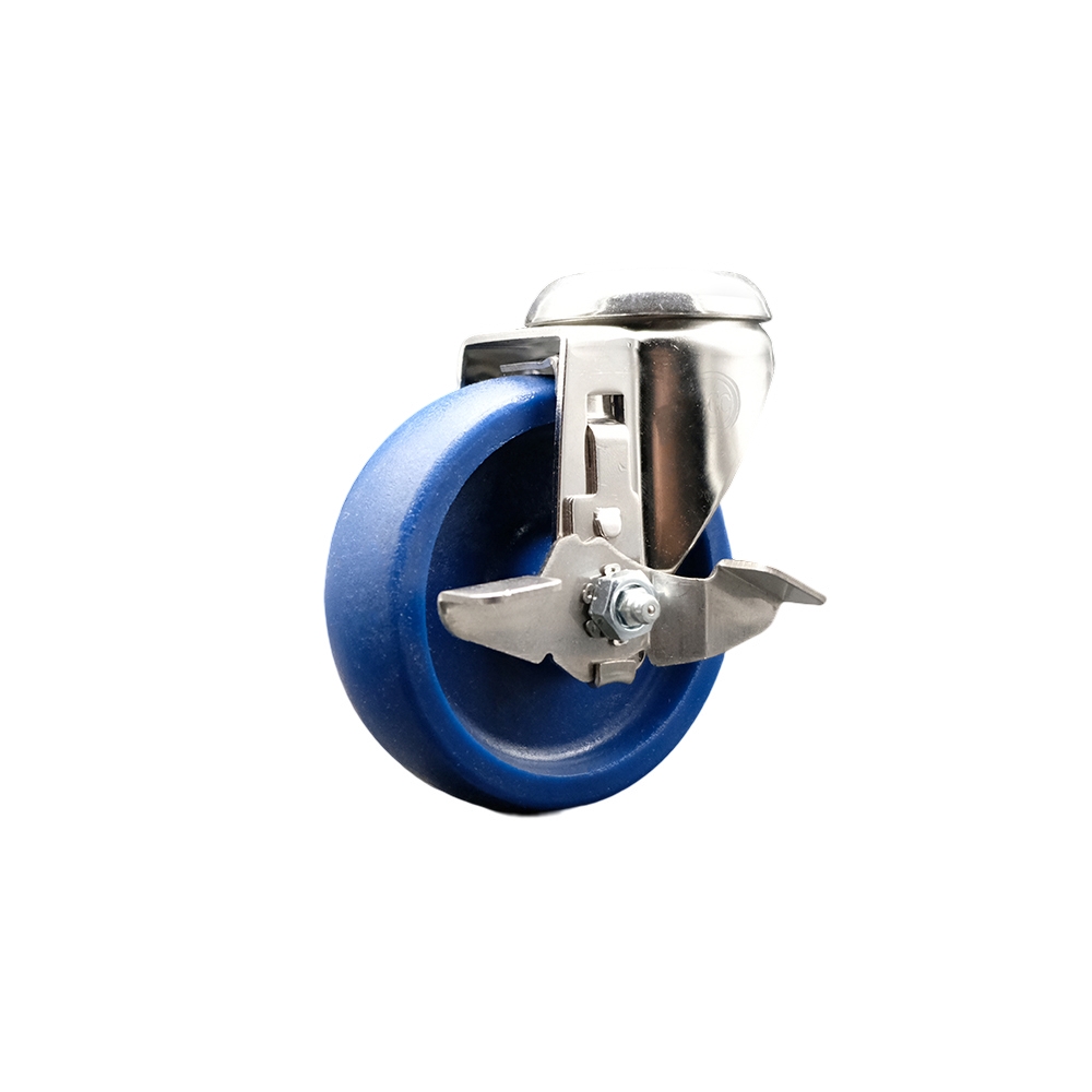 SCC-SS316BH20S414-SPUS-TLB Solid Polyurethane Swivel Bolt Hole Caster with 4 in. Blue Caster Wheel & Top Lock Brake - 316 Stainless Steel Caster