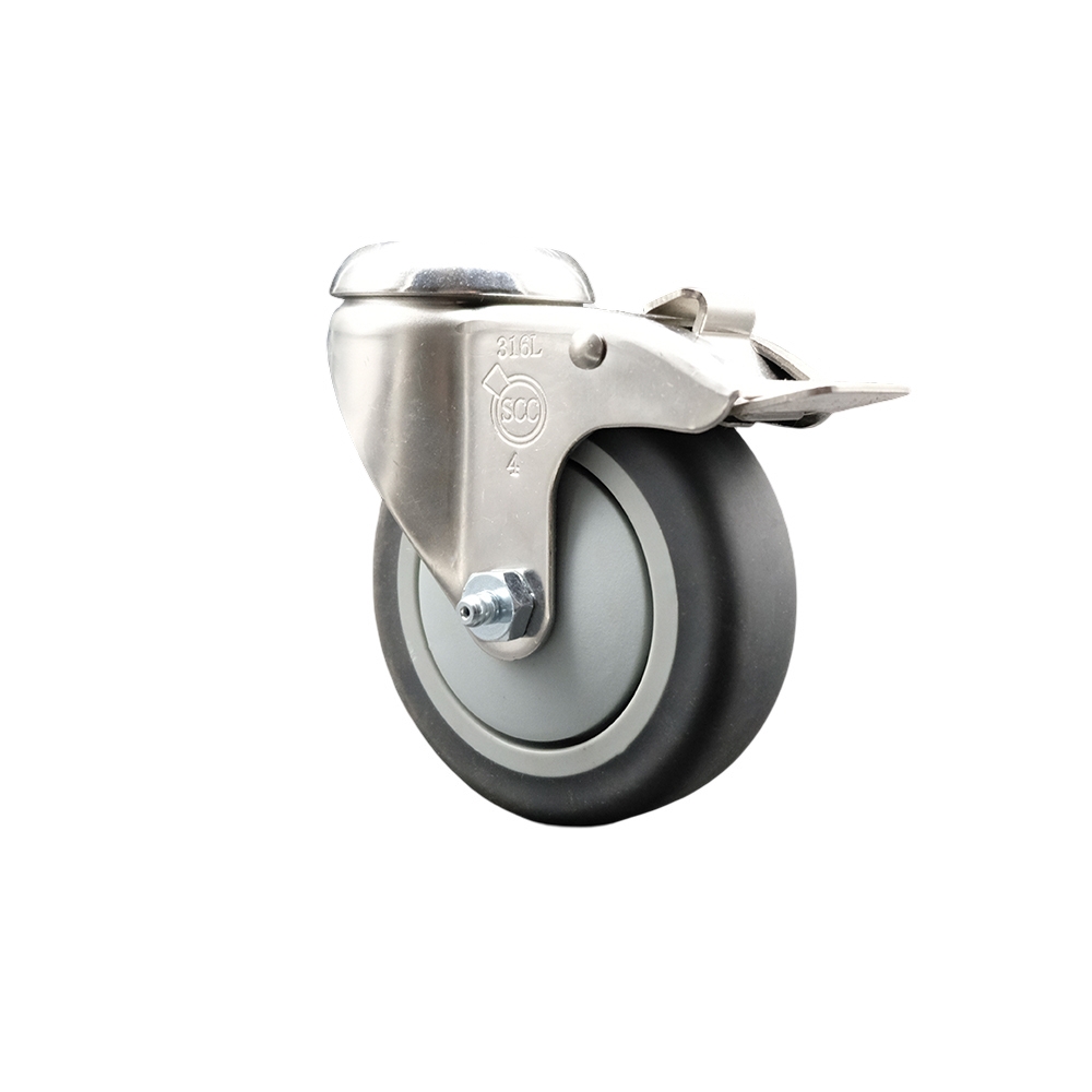 SCC-SS316BHTTL20S414-TPRB Thermoplastic Rubber Swivel Bolt Hole Caster with 4 in. Gray Caster Wheel & Total Lock Brake - 316 Stainless Steel Caster