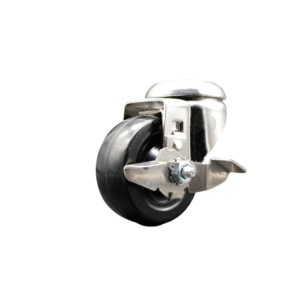 SCC-SS316BH20S314-SRS-TLB Soft Rubber Swivel Bolt Hole Caster with 3 in. Black Caster Wheel & Top Lock Brake - 316 Stainless Steel Caster