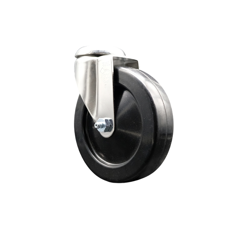 SCC-SS316BH20S514-SRS Soft Rubber Swivel Bolt Hole Caster with 5 in. Black Caster Wheel - 316 Stainless Steel Caster