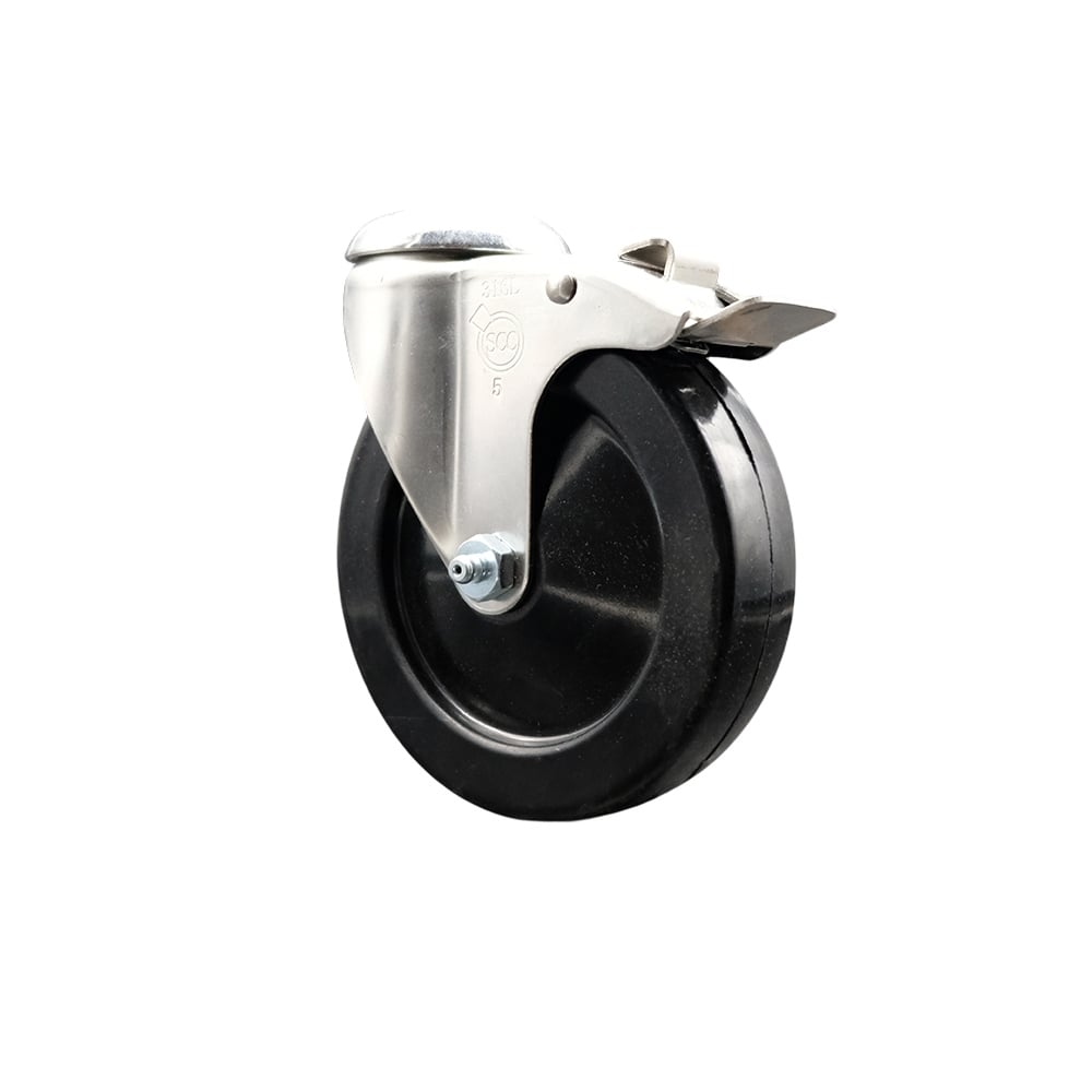 SCC-SS316BHTTL20S514-SRS Soft Rubber Swivel Bolt Hole Caster with 5 in. Black Caster Wheel & Total Lock Brake - 316 Stainless Steel Caster