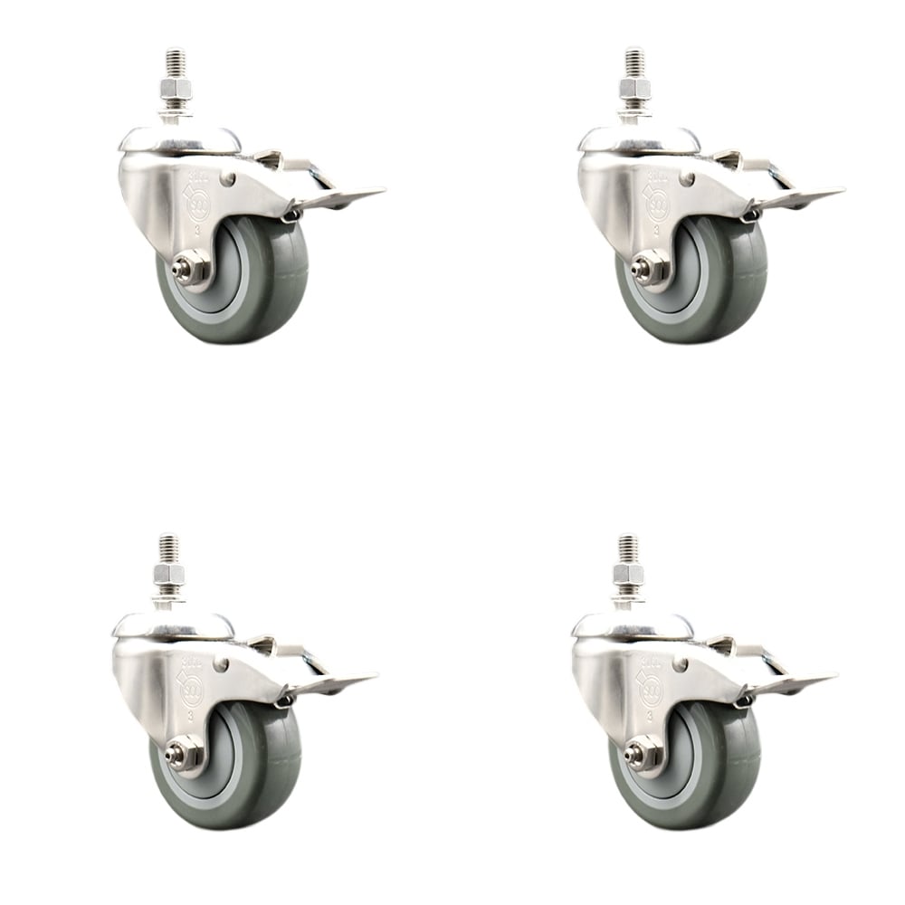 Polyurethane Swivel Stem Caster with 3 in. Gray Caster Wheels, 0.5 in. Threaded Stems - 316 Stainless Steel Casters - Set of 4