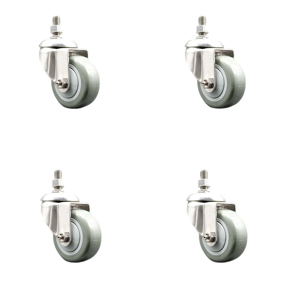 Polyurethane Swivel Stem Caster with 3 in. Gray Caster Wheels, 10 mm Threaded Stems - 316 Stainless Steel Casters - Set of 4