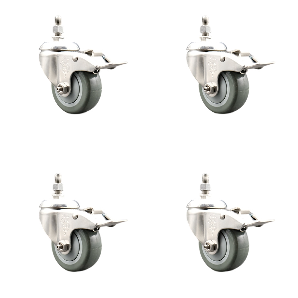 Polyurethane Swivel Stem Caster with 3.5 in. Gray Caster Wheels, 10 mm Threaded Stems - 316 Stainless Steel Casters - Set of 4