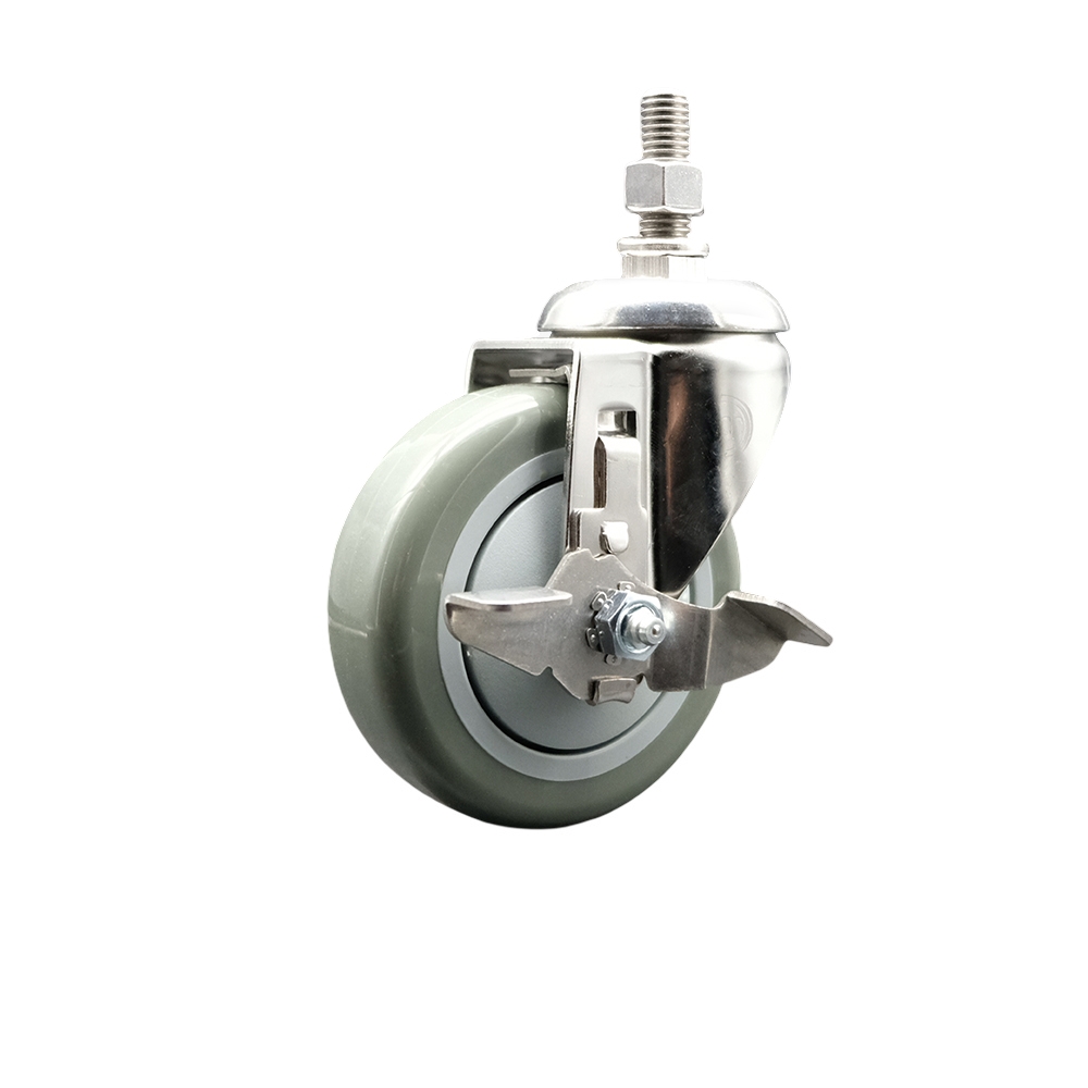 Polyurethane Swivel Stem Caster with 4 in. Gray Caster Wheels & Top Lock Brake, 12 mm Threaded Stem - 316 Stainless Steel Caster