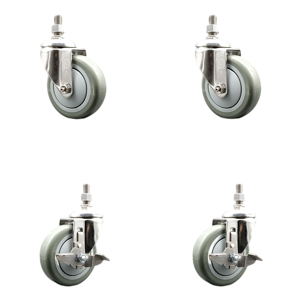 Poly Swivel Stem Caster with 4 in. Gray Caster Wheels, 12 mm Threaded Stems - 316 Stainless Steel Casters - Set of 4