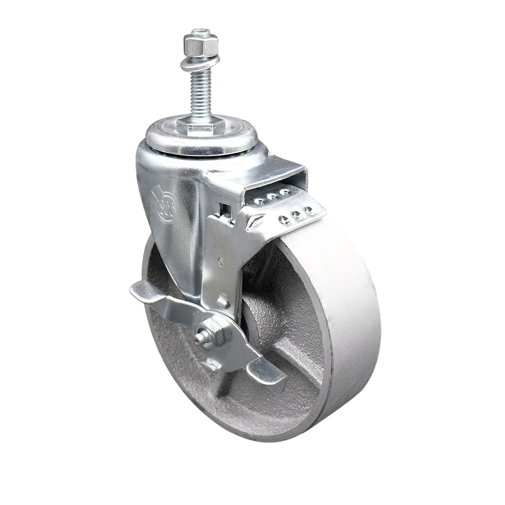 SCC-TS20S514-SSS-TLB-381615 Semi Steel Cast Iron Swivel Threaded Stem Caster with 5 x 1.25 in. Silver Wheel & 0.38 in. Stem & Top Locking Brake