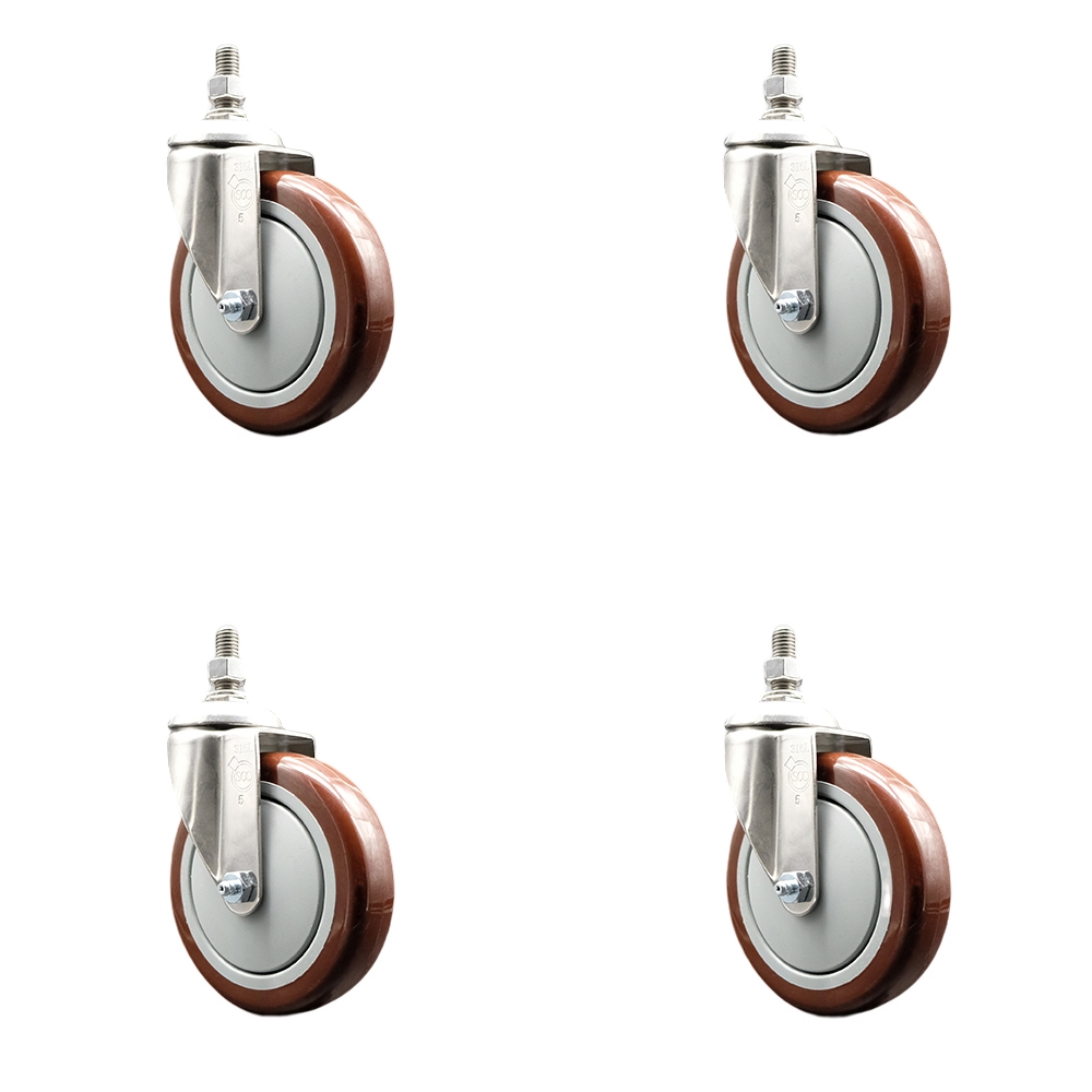 Polyurethane Swivel Stem Caster with 5 in. Maroon Caster Wheels, 0.5 in. Threaded Stems - 316 Stainless Steel Casters - Set of 4