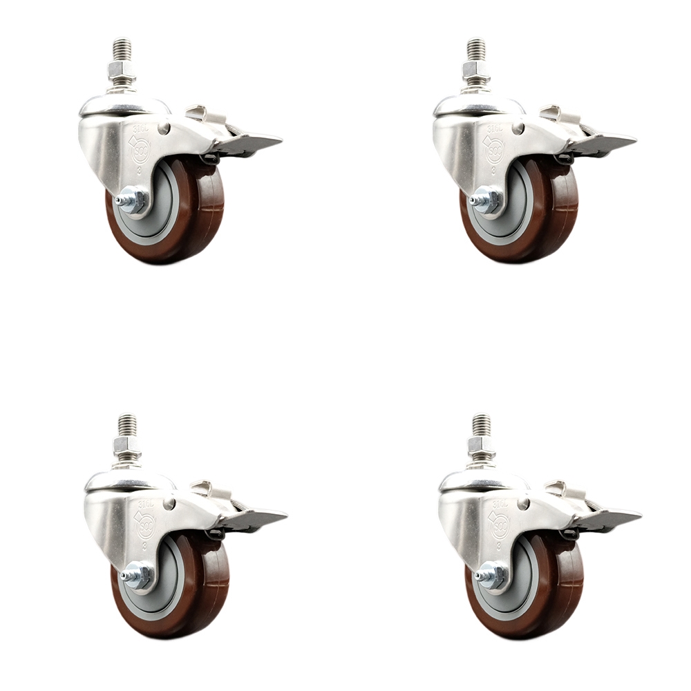 Polyurethane Swivel Stem Caster with 3.5 in. Maroon Caster Wheels, 10 mm Threaded Stems - 316 Stainless Steel Casters - Set of 4