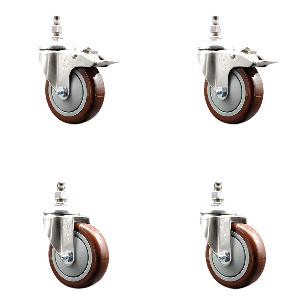 Poly Swivel Stem Caster with 4 in. Maroon Caster Wheels, 12 mm Threaded Stems - 316 Stainless Steel Caster - Set of 4