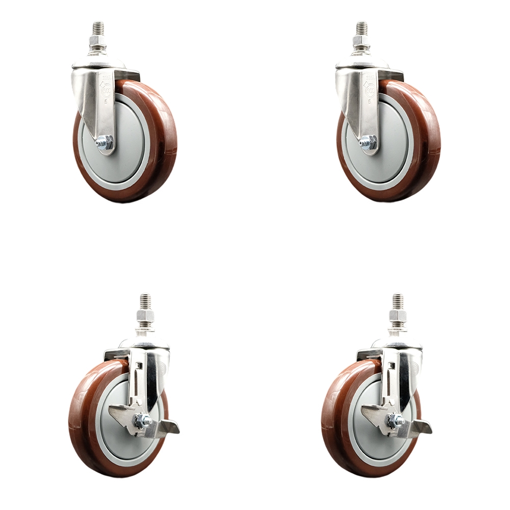 Poly Swivel Stem Caster with 5 in. Maroon Caster Wheels, 12 mm Threaded Stems - 316 Stainless Steel Casters - Set of 4