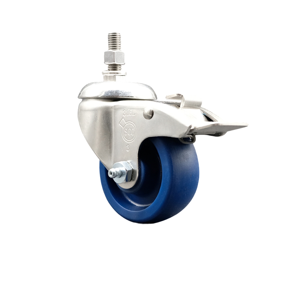 Solid Polyurethane Swivel Stem Caster with 3.5 in. Blue Caster Wheels & Total Lock Brake, 0.5 in. Threaded Stem - 316 Stainless Steel Caster