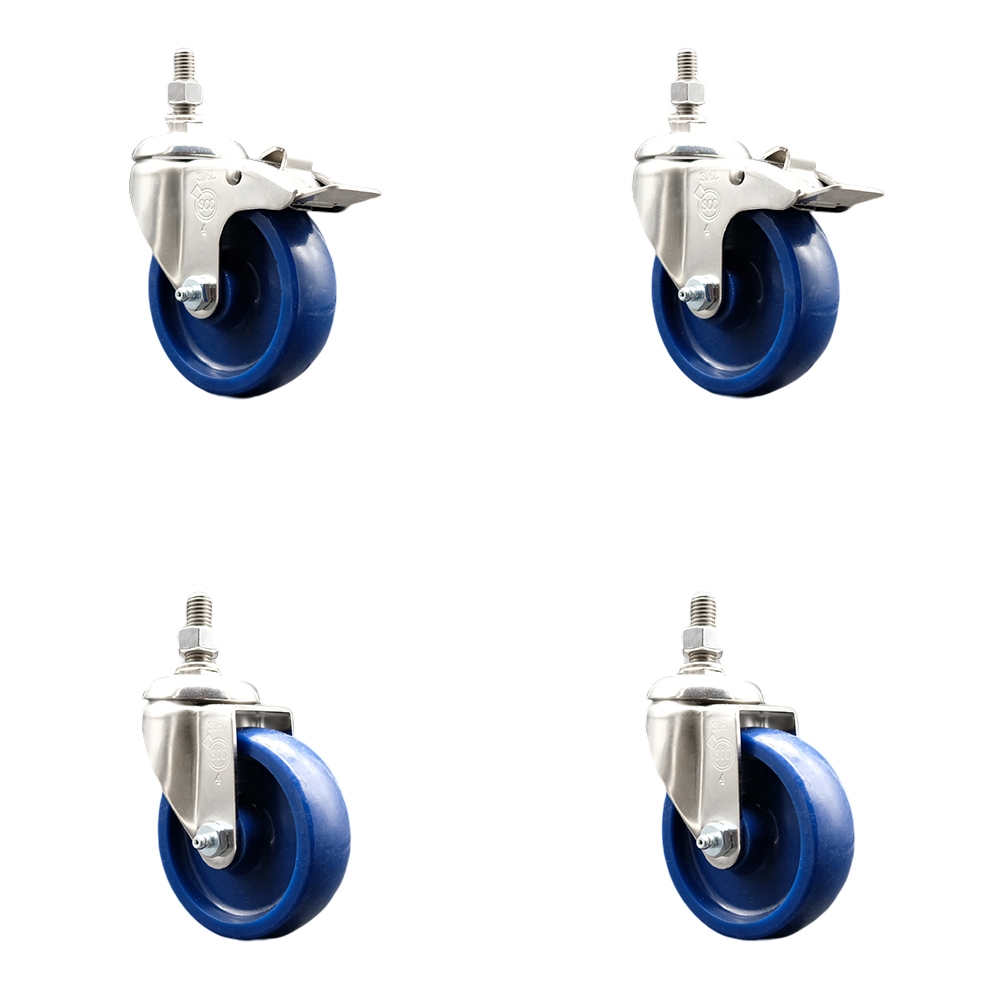 Solid Poly Swivel Stem Caster with 4 in. Caster Wheels, 0.5 in. Threaded Stems - 316 Stainless Steel Casters - Set of 4