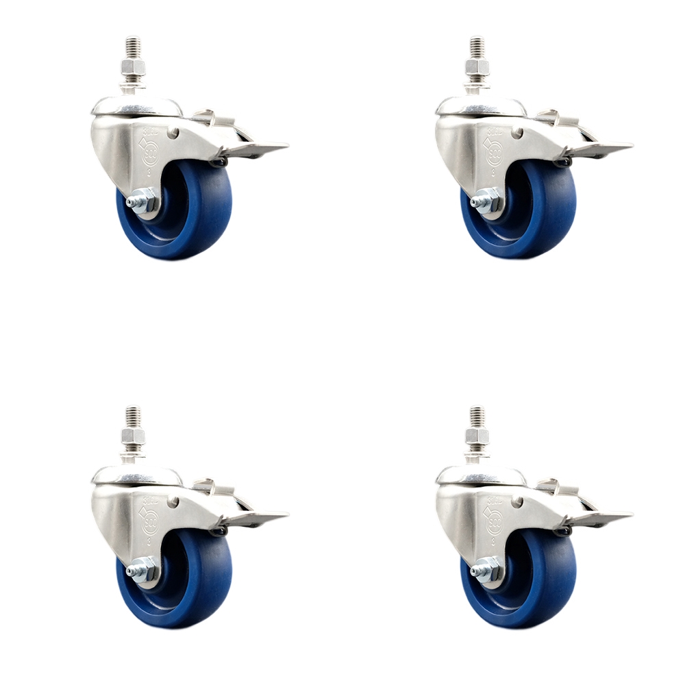 Solid Polyurethane Swivel Stem Caster with 3 in. Caster Wheels, 0.38 in. Threaded Stems - 316 Stainless Steel Casters - Set of 4