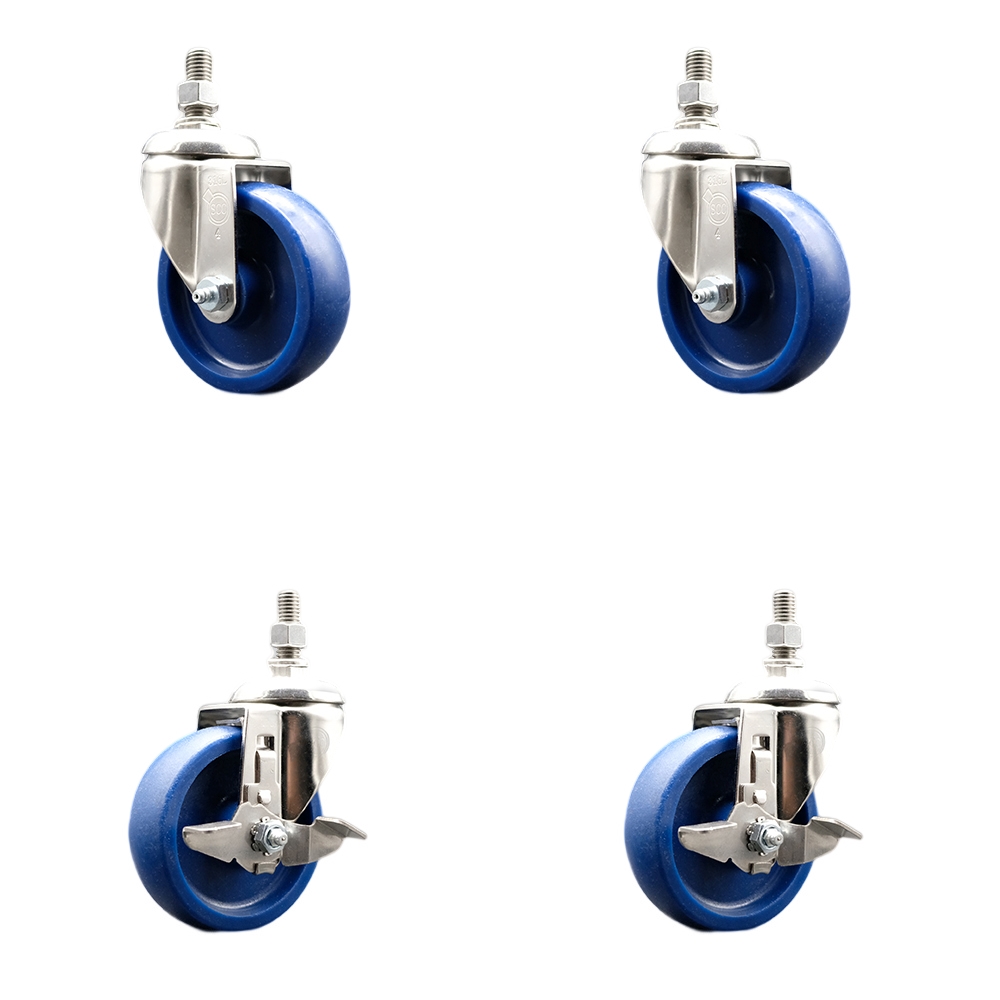 Solid Poly Swivel Stem Caster with 4 in. Caster Wheels, 0.38 in. Threaded Stems - 316 Stainless Steel Casters - Set of 4