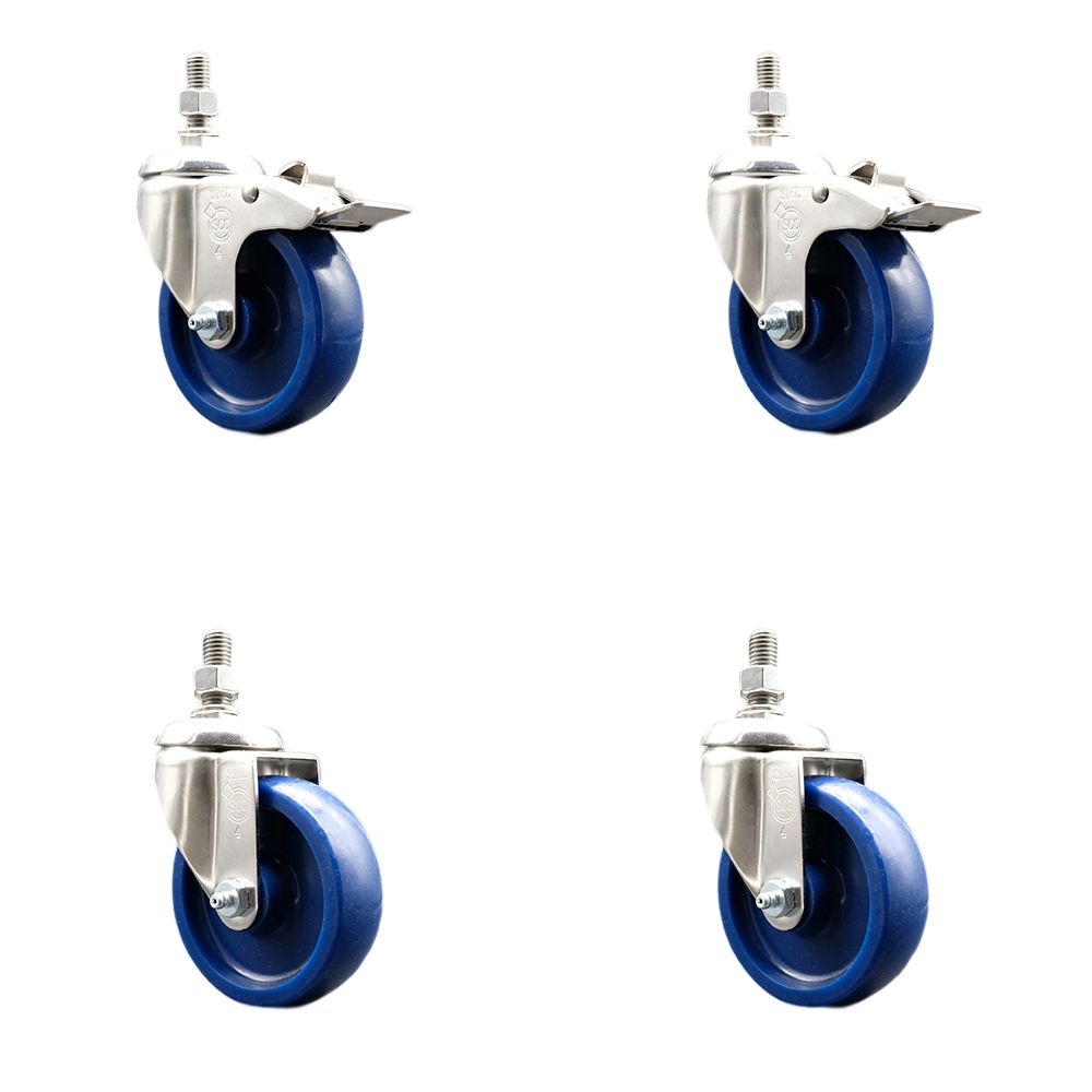 Solid Poly Swivel Stem Caster with 4 in. Caster Wheels, 0.38 in. Threaded Stems - 316 Stainless Steel Casters - Set of 4