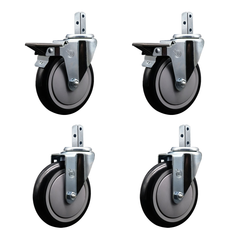 Swivel Square Stem Caster with 5 x 1.25 in. Black Poly Wheel, 0.87 x 2 in. Square Stem with 3 0.26 in. Diameter Mounting Holes - Set of 4