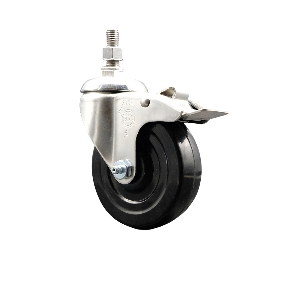Soft Rubber Swivel Stem Caster with 4 in. Black Caster Wheel & Total Lock Brake 0.5 in. Threaded Stem 316 Stainless Steel Caster