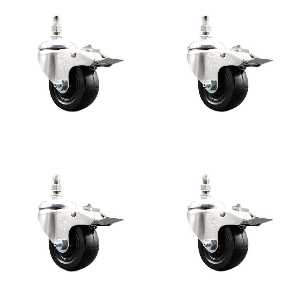 Soft Rubber Swivel Stem Caster with 3.5 in. Caster Wheels 0.38 in. Threaded Stems 316 Stainless Steel Casters - Set of 4