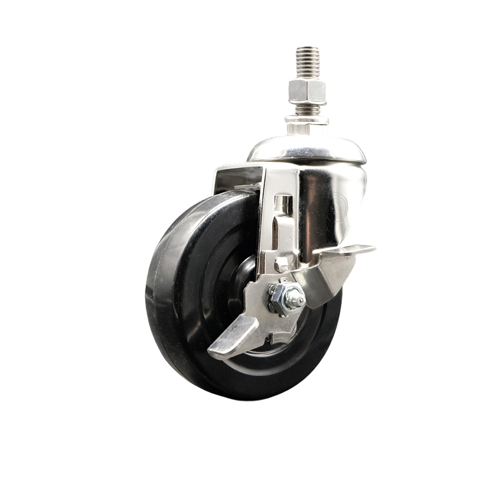 Soft Rubber Swivel Stem Caster with 4 in. Black Caster Wheel & Top Lock Brake 10 mm Threaded Stem 316 Stainless Steel Caster