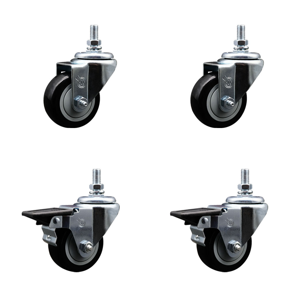 SCC-TS20S314-PPUB-BLK-121315-2-PLB-2 Polyurethane Swivel Threaded Stem Caster with 3 x 1.25 in. Black Wheels & 0.5 in. Stems - Set of 4